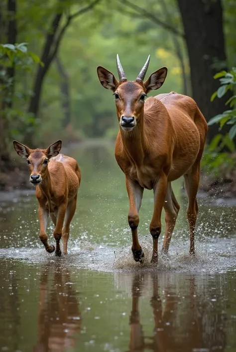 “A Barasingha calf walking beside its mother through a flooded forest path, their legs adapted for marshy land, with water dropl...