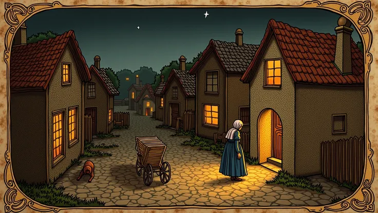Prompt 8: "A peat smoke-filled village at dusk, with orange light glowing through windows, a dog barking near a stacked cart, an...