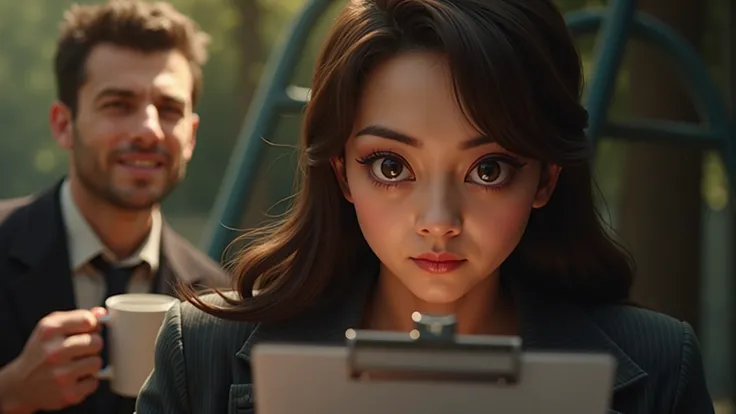 "A close-up of HOA Karen with bulging eyes holding a clipboard, behind her a blurred swing in motion and a man holding a coffee ...