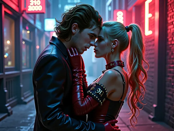 A hyper-realistic oil painting of Harley
Quinn and the Joker in a dark Gotham alley,
lost in their chaotic love. Neon lights fli...