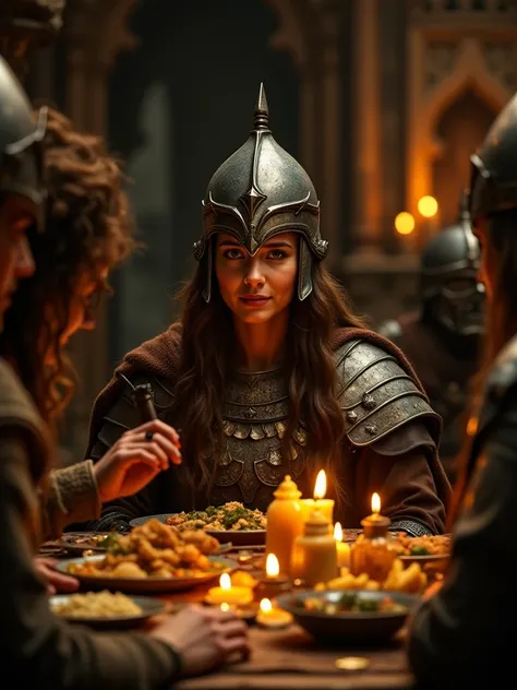 Masterpiece, best quality, 4k, ultra-detailed, a female warrior who has removed her helmet, revealing a kind face, sharing a mea...