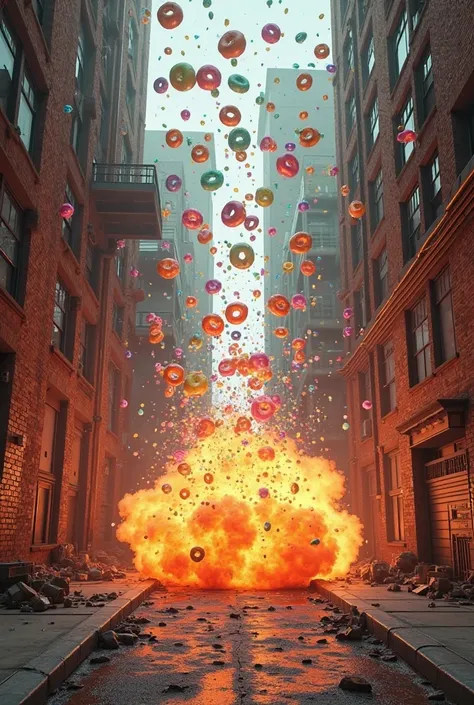 Foto realista, an explosion in an alley, making colorful donuts rain everywhere.