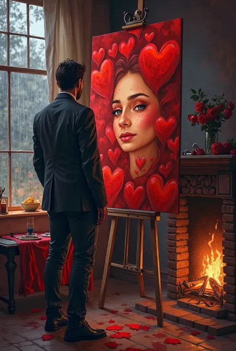 Man with his back painting a large picture with a woman's face and red hearts in an environment with a fireplace and through th...