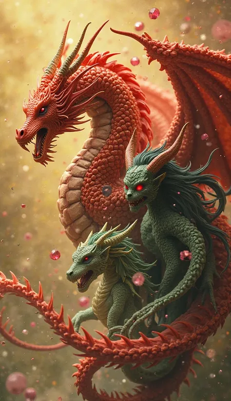 generates a 3D image of a male red dragon with green, a female Aliconorn, with red details, a being of pink light and pink cryst...
