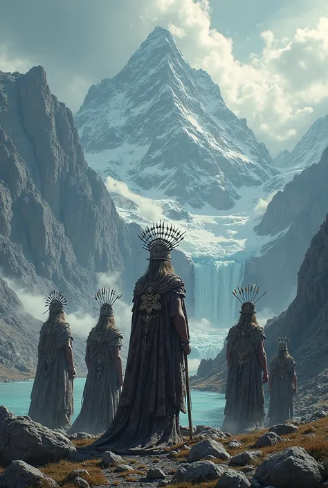 exactly like that but with the photo with the tribesman godlike beings in the mountains and camera perspective is far and 2000s ...