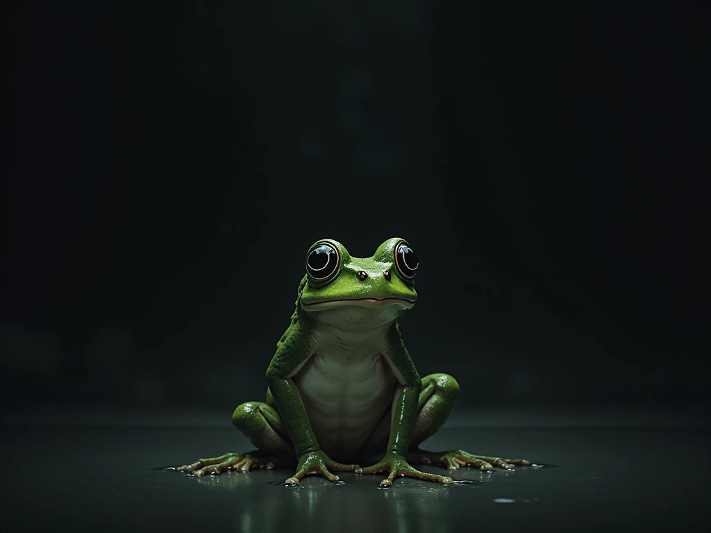 make a frog surrounded by darkness and with the title: The Frog and the Darkness }+