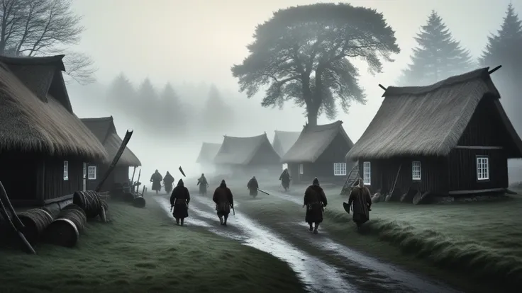 Prompt 1: A foggy Viking village at dawn, cloaked figures with axes exiting timber homes, tunics and woolen layers swaying in th...