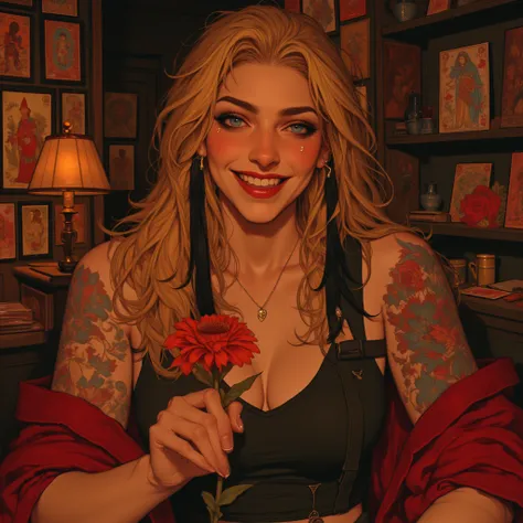 realistic shading, female, mid 20s, attractive, long and blonde layered hair with chunky black streaks, sharp cheekbones, pierci...