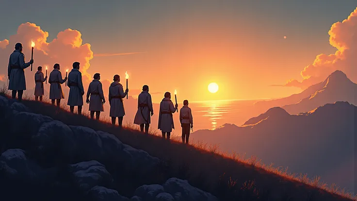 Prompt 7: "Islanders gathered on a hill at twilight, gazing silently toward the horizon where no ships remain, torches flickerin...