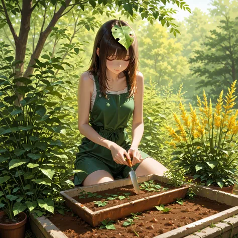 girl, seduction , gardening, cutting,lair leaf