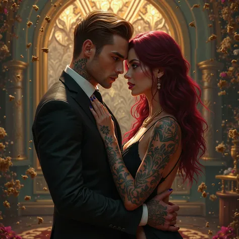 Homme tatoué cheveux châtain court yeux bleu , chaîne or en costume noir , femme debout cheveux très long rouge bordeaux , tat...