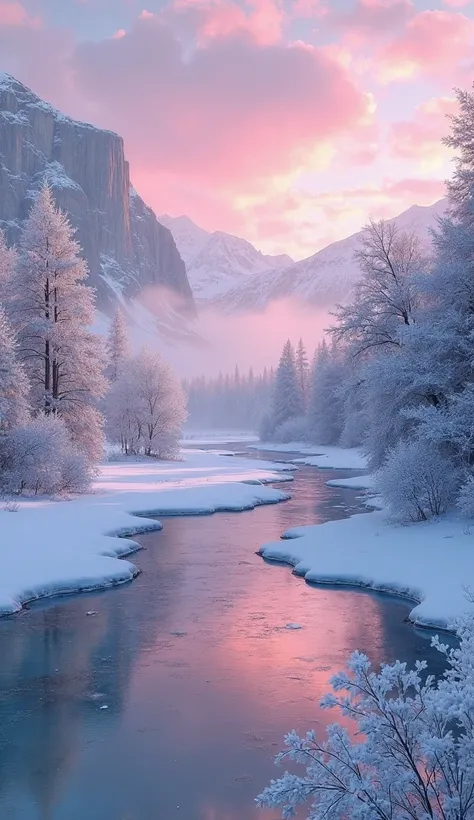 Partly frozen river between snow-capped mountains, pink reflections of the sky at dawn, frost-covered trees, fog coming out of t...