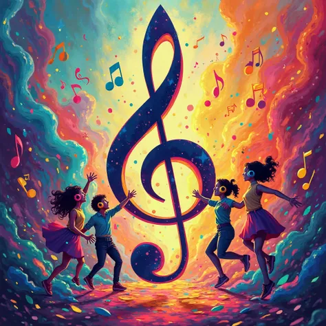 Make a colorful picture full of life related to music, fones de ouvido, clave de sol