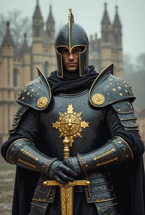 “Rishi Sunak as noble knight-king in black-and-gold ceremonial armor, holding a long sword engraved with ancient British runes....