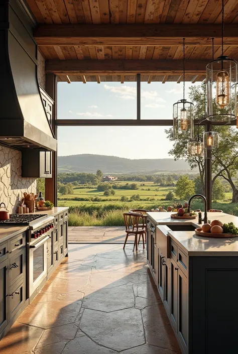 Designed a large integrated kitchen overlooking a farm with a traditional seating in front of the landscape