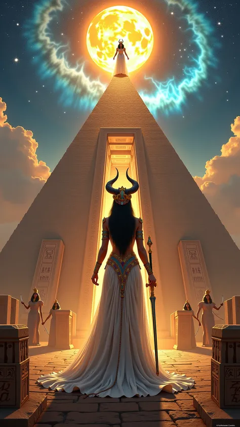 **Prompt:**  

*"A breathtaking, hyper-detailed vision of a divine Sumerian queen, standing as the living conduit between heaven...
