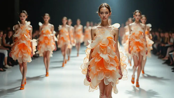 Un défilé de mode avec des mannequins portant des vêtements faits de tranches de daikon, dans un style avant-gardiste et humoris...