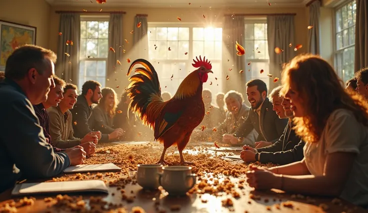 Photorealistic chaos inside a HOA meeting room. 300+ aggressive roosters overrunning terrified attendees. Feathers exploding, ov...