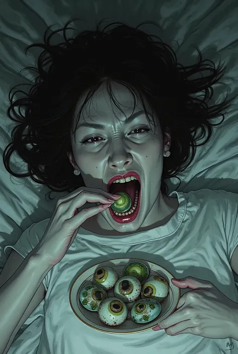 Create me an image in the art style of Junji Ito, make it terrifying and unique. Of a woman lying on a bed with a saucer of eye...