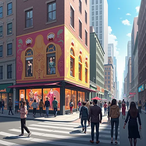A bustling, urban street scene with a vibrant, colorful storefront displaying the latest fashion trends, drawing the attention o...