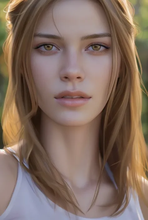 a close up of a woman with long hair and a white sleeveless t-shirt, photoRealistic beautiful face , Realistic beautiful face ,...