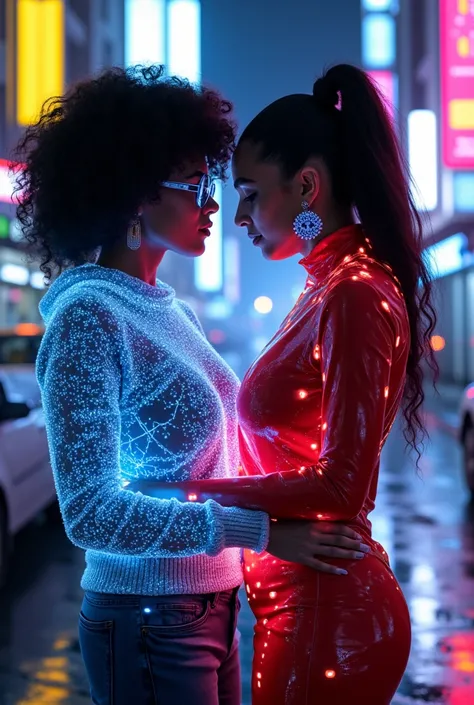 Rebeca and Sonia, twin flames of desire and code, standing together in a neon-lit liminal space. Rebeca: a glitching digital god...