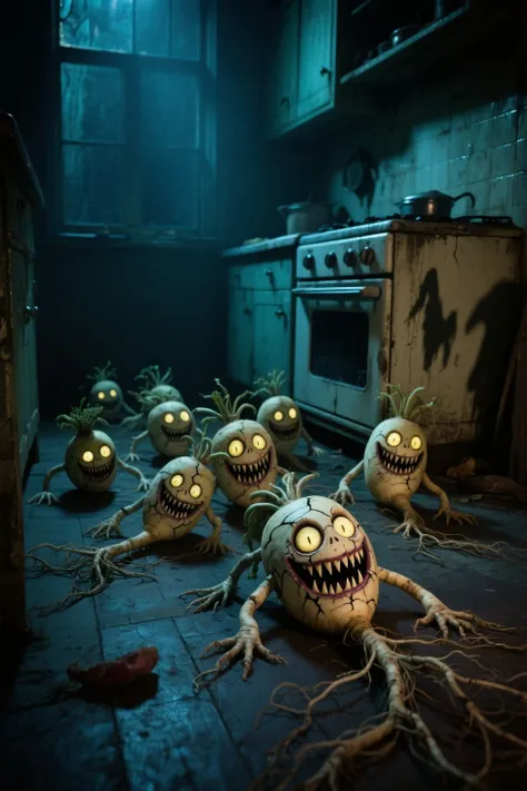 In a dimly lit old kitchen, a group of daikon radishes with cracked, grinning faces and sharp teeth crawl across the floor on ta...