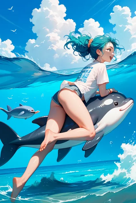 T-shirt design.
A fluffy Japanese Spitz is riding on the back of a dolphin. It is not a girl riding a dolphin. White Spitz is r...