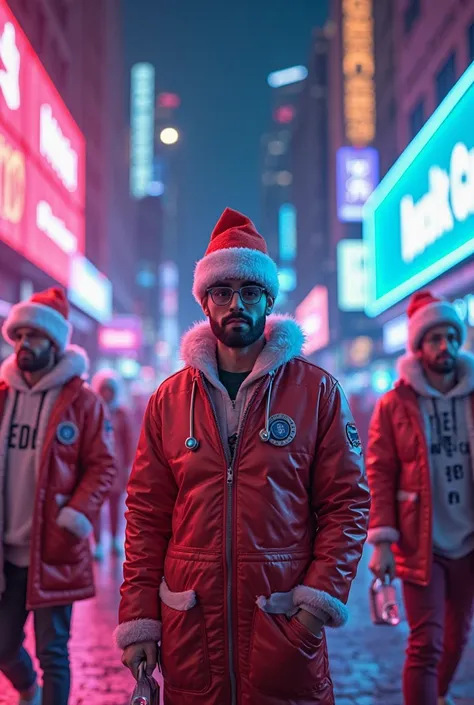 Make an Instagram carousel with the neon theme and medical element for a holiday party 