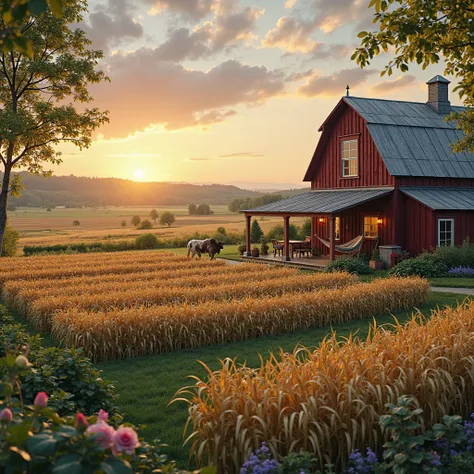 An extensive farm of several hectares extends as far as the eye can see, with well-ordered rows of crops that change color depen...
