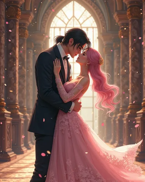 Handsome anime-style man with long black hair dressed in a suit would kiss the lips of a pink-haired woman dressed as a princess...