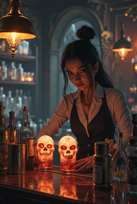 A BARTENDER AT A CLASSIC BAR MAKING SKULL-FACED DRINKS WITH LONG HAIR WITH A BUN