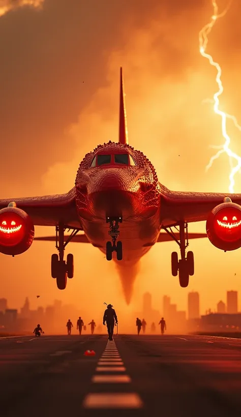 A colossal red crocodile-themed aircraft taking off at sunset, with flames and dust being kicked up from the runway. The plane’s...