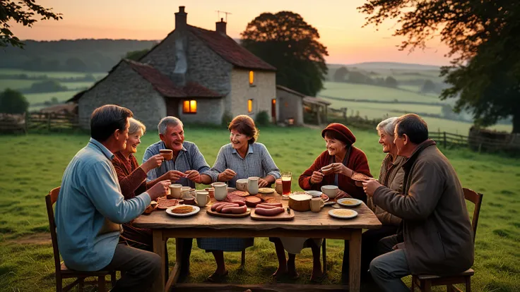 Prompt 15: A rural village family gathered at dusk around a small wooden table, slicing sausages reverently, one man raising his...