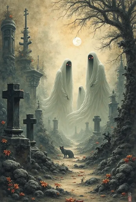 give me 1 horror ancient painting including the following alms: 3 ghosts 5 leaves 2 cats 4 graves photo in simple old chinese st...