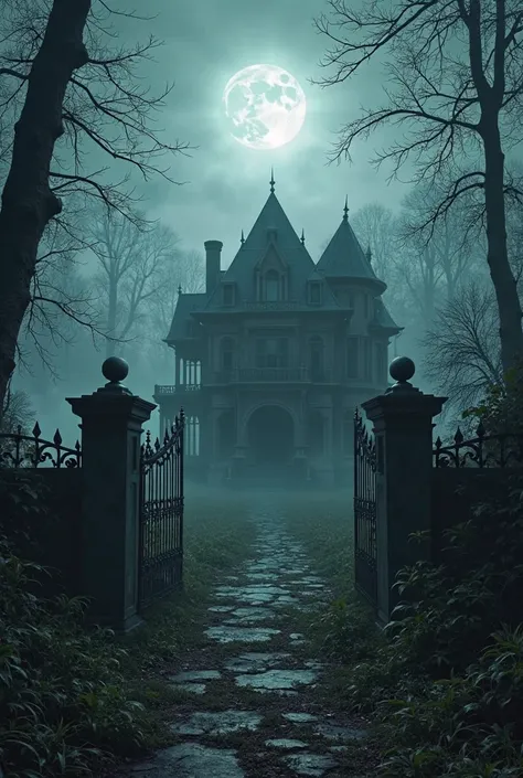 "A haunted mansion deep in a foggy forest at midnight, broken gates, overgrown plants, full moon in background, eerie atmosphere...