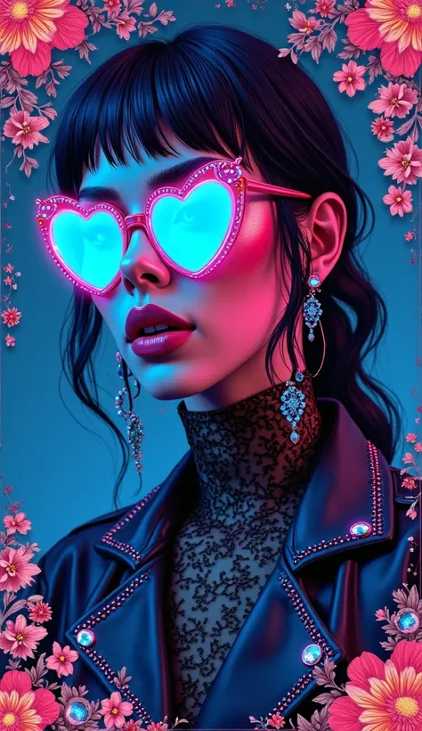 Neon floral intricate border realistic stylish woman with leather chic outfit,reflective blue sunglass heart shaped, blue jewell...