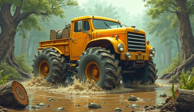 Bigfoot  (Giant yellow-orange vehicle with huge tires ) Cartoonish sunk to the axes in shining mud. Wheels spinning out of contr...