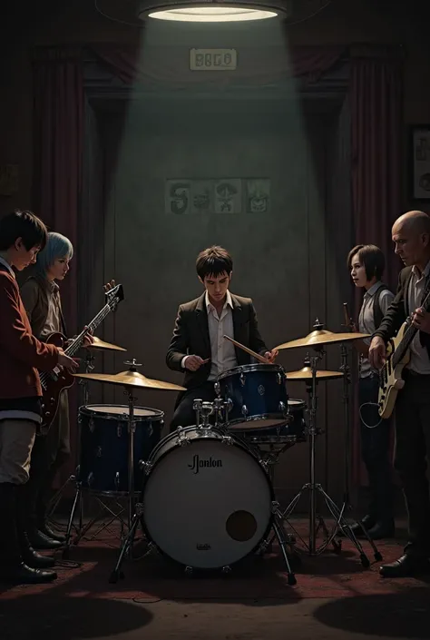 Create an image , on which Tony Soprano plays drums in a dark room, filled with music and tension. There are characters from At...