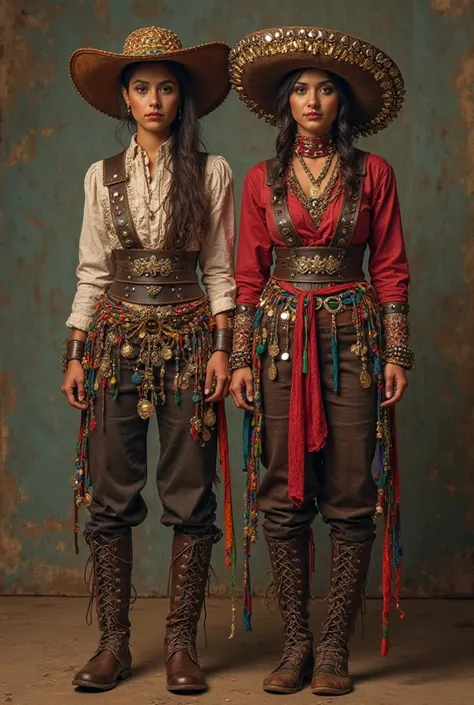 Make the image depicting Maria Bonita and Lampião, make her clothes based on Lampião wore a leather hat adorned with gold pieces...