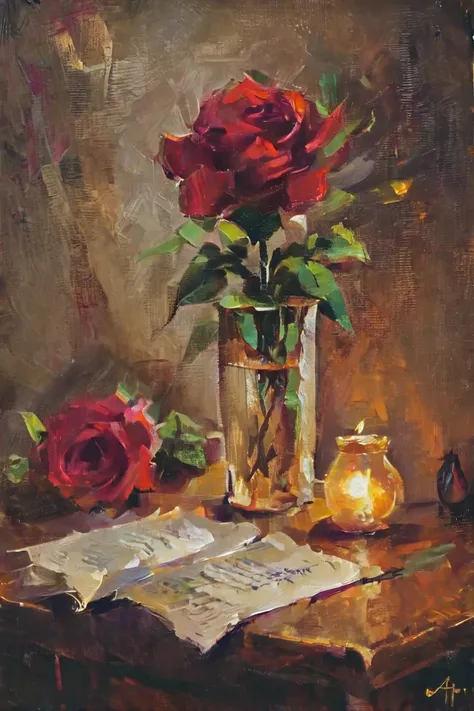 A single red rose stands in a clear glass vase atop an old wooden desk. Candlelight flickers nearby, casting soft shadows of the...