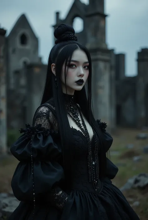 dark gothic。Zhu Zhu is wearing a black lace dress,The dress is decorated with silver dark lines and chains,and mysterious and st...