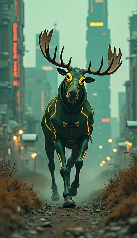 A rugged neon wilderness-meets-city edge, electric trails leading to Rivian-branded towers. RJ Scaringe wears a green smart-fabr...