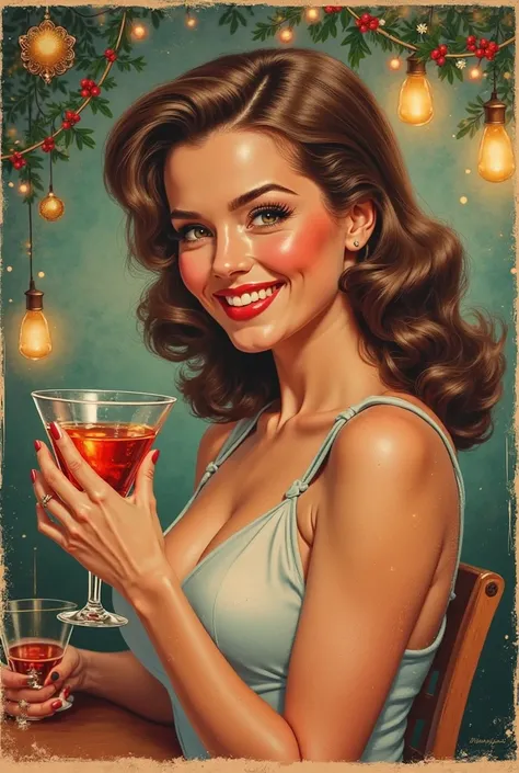 Smiling woman holding a glass 、 cocktail-themed , vintage poster , inspired by retro style art , retro christmas poster, p...