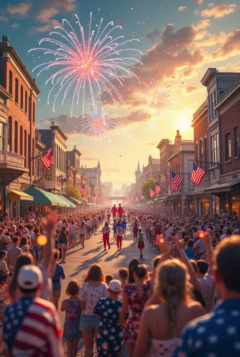 "4th of July parade on Main Street, USA, with waving flags, fireworks bursting in the sky, golden hour light."
