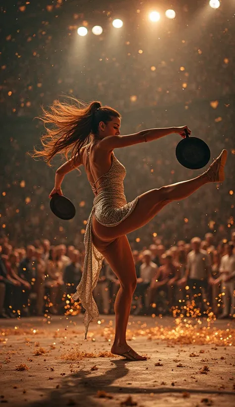 cine"Ultra-cinematic slow-motion movie scene inside a roaring underground fight arena, flooded with hot overhead lights and a pa...