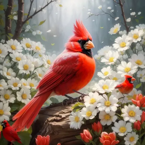 A painting of a cardinal bird sitting on a log surrounded by flowers, red bird, The Ethereal Cardinal Bird, realistic flower oil...