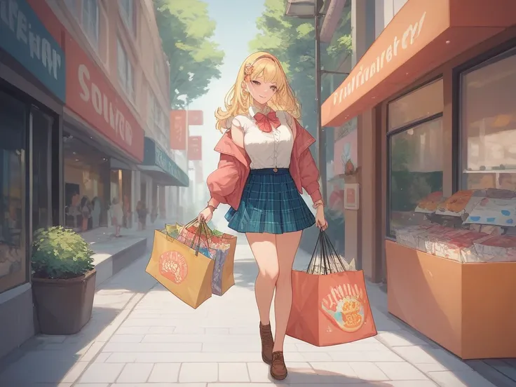 A blonde, twin-tailed teenage girl wearing a stylish mini skirt, casually shopping in a modern city street. She has a cheerful e...
