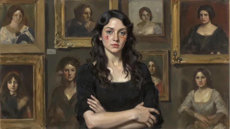 Charcoal and pastel drawing, character (Unnamed Woman (Female; 28; Caucasian; long dark hair; fair skin; oval face; arms crossed...