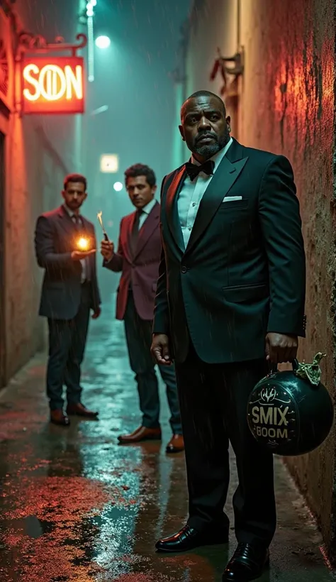 A hyper-realistic 8K cinematic poster of three North African mafia bosses (ages 30–35) standing in a rain-soaked, neon-lit alley...